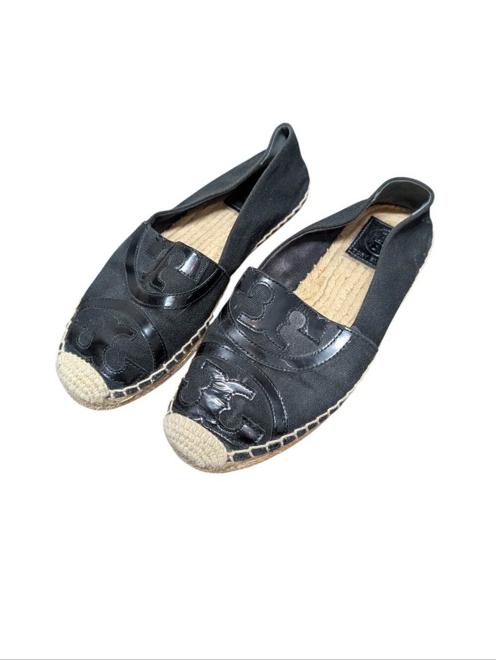 TORY BURCH Black Canvas Espadrille Patent Leather Poppy Flats (Size 6)
